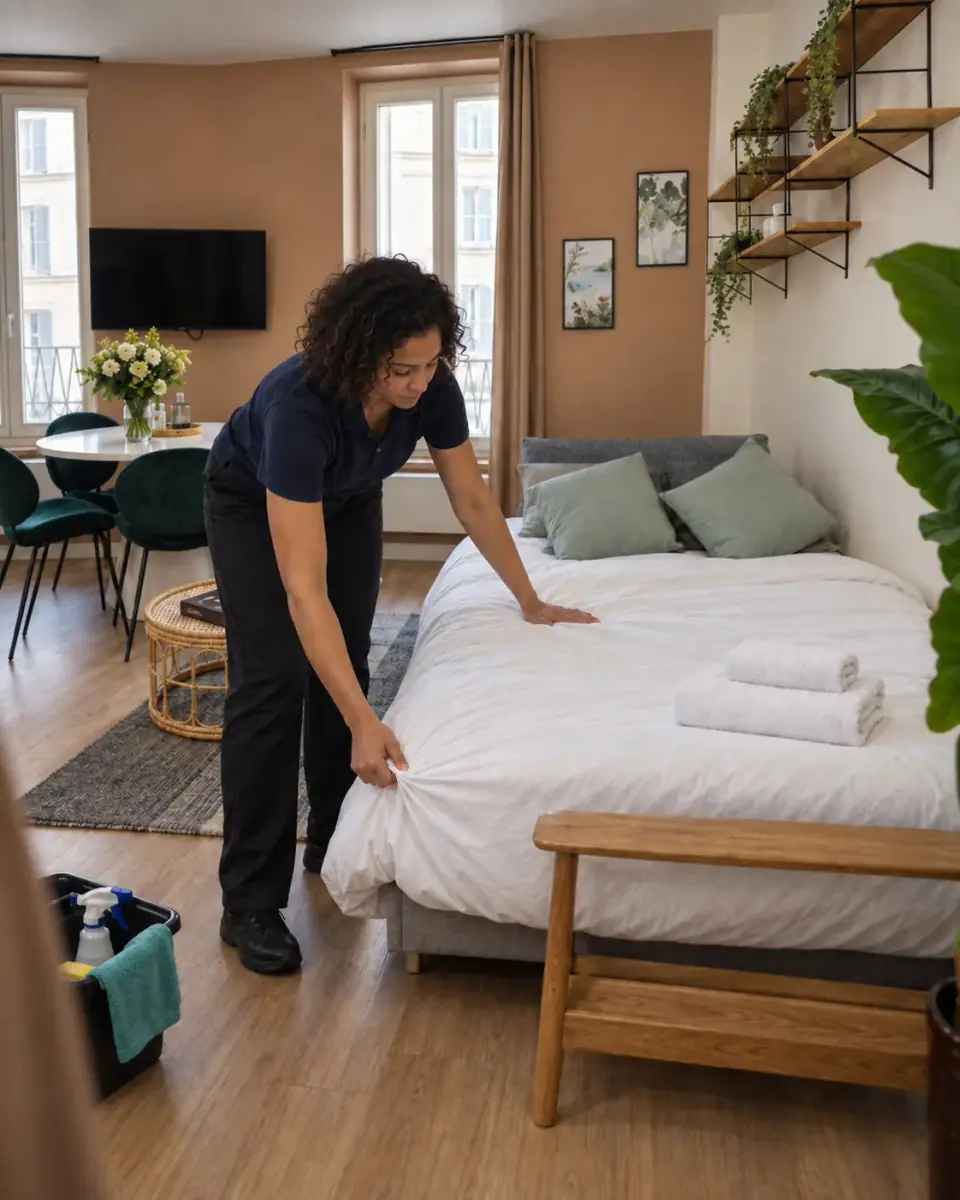Réfection du lit d'un studio meublé, serviettes propres posées sur la couette
